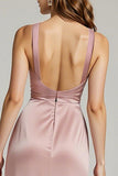Light Pink Satin V-Neck Sheath Ruched Formal Dress