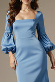 Sky Blue Satin Square Neck Mermaid Long Sleeves Formal Dress