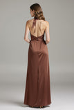 Coffee Sheath Satin Halter Long Formal Dress