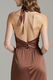 Coffee Sheath Satin Halter Long Formal Dress