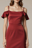 Red Cold Shoulder Satin Sheath Long Formal Dress