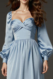 Light Blue Satin Sheath Sweetheart Long Formal Dress with Sleeves