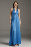 Lake Blue A Line Satin Long Formal Dress