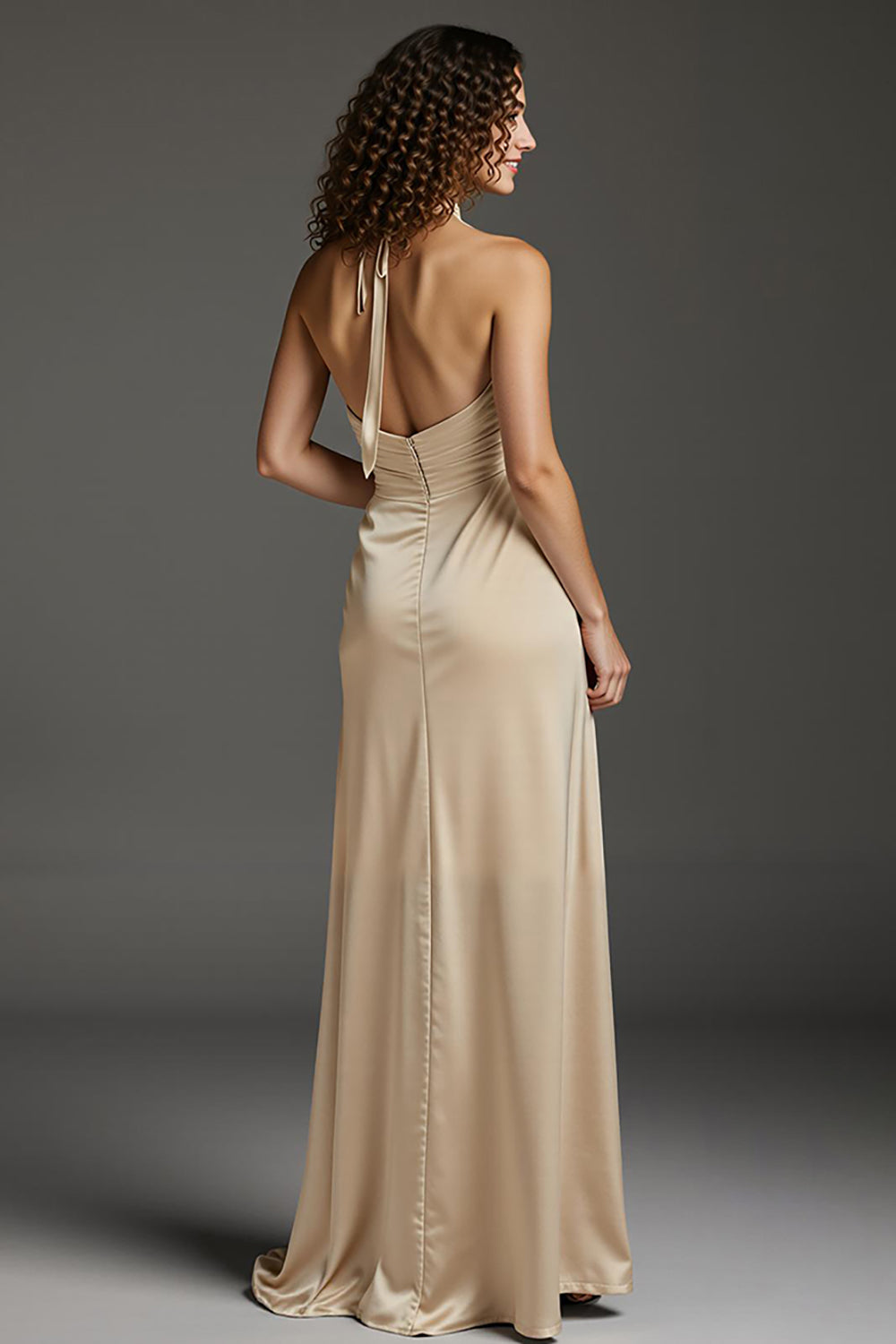 Champagne Satin Halter Sheath Long Formal Dress with Pockets