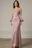 Light Pink Mermaid Satin Long Formal Dress with Sleeves