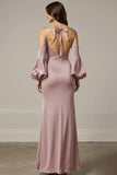 Light Pink Mermaid Satin Long Formal Dress with Sleeves