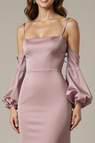 Light Pink Mermaid Satin Long Formal Dress with Sleeves