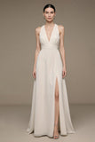 V-Neck Ivory A Line Long Formal Dress with Slit