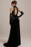 Black Halter Lace A Line Long Pageant Dress with Slit