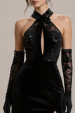 Black Halter Lace A Line Long Pageant Dress with Slit