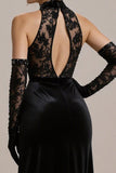 Black Halter Lace A Line Long Pageant Dress with Slit
