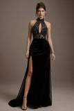 Halter Sequin Black A Line Pageant Dress with Slit
