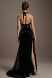 Halter Sequin Black A Line Pageant Dress with Slit