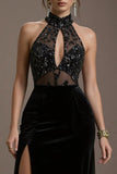 Halter Sequin Black A Line Pageant Dress with Slit