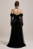 Black Cold Shoulder Velvet Pageant Dress with Slit