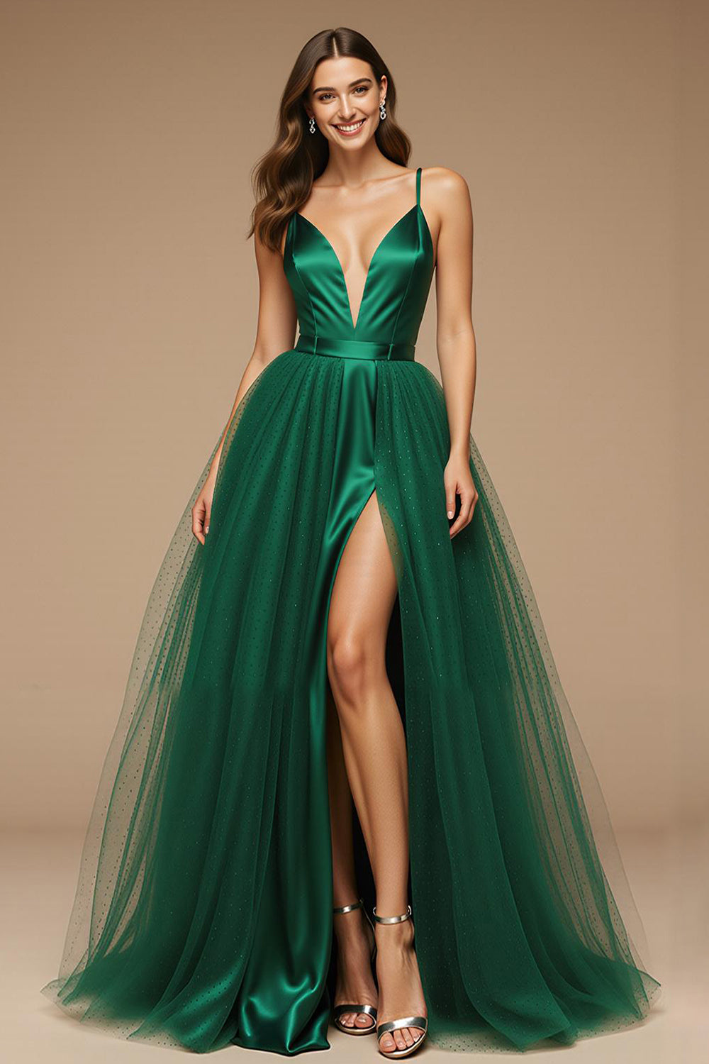 Green Spaghetti Straps A-Line Long Pageant Dress