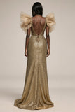 Sparkly Gold Mermaid Ruffled Pageant Dress with Slit