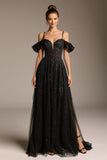 Sparkly Black Cold Shoulder A-Line Tulle Pageant Dress