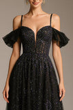 Sparkly Black Cold Shoulder A-Line Tulle Pageant Dress