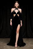 Black A Line Halter Velvet Pageant Dress with Slit