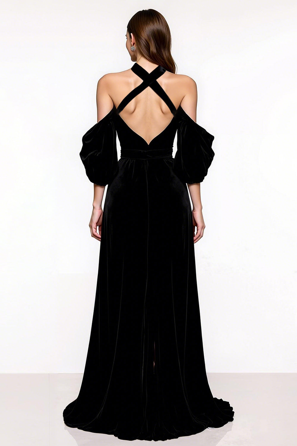 Black A Line Halter Velvet Pageant Dress with Slit