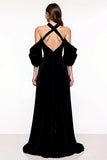 Black A Line Halter Velvet Pageant Dress with Slit
