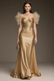 Sparkly Gold A-Line Satin Ruffled Long Pageant Dress