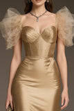 Sparkly Gold A-Line Satin Ruffled Long Pageant Dress
