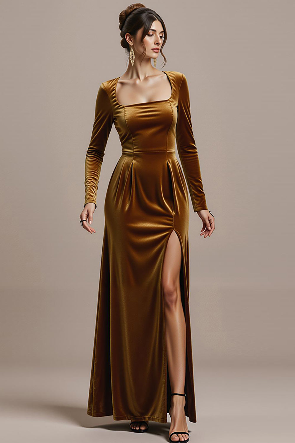 Twilight Sheath Velvet Square Neck Long Black Tie Dress with Slit
