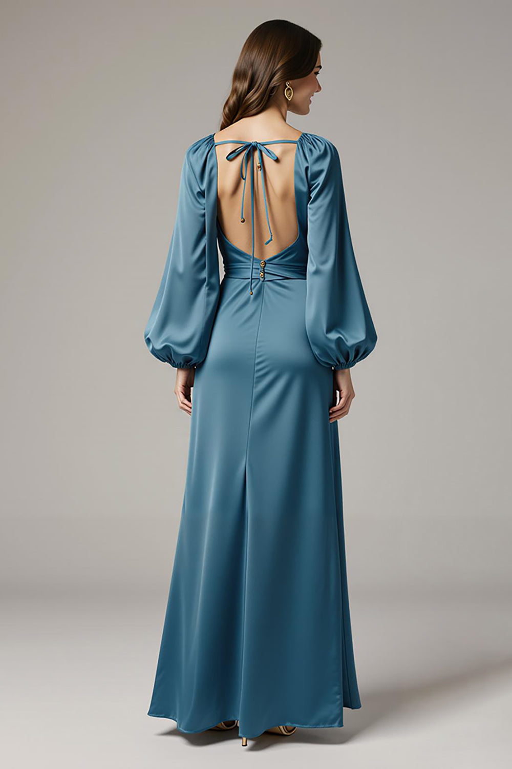Grey Blue Sheath Satin V-Neck Long Black Tie Dress with Sleeves