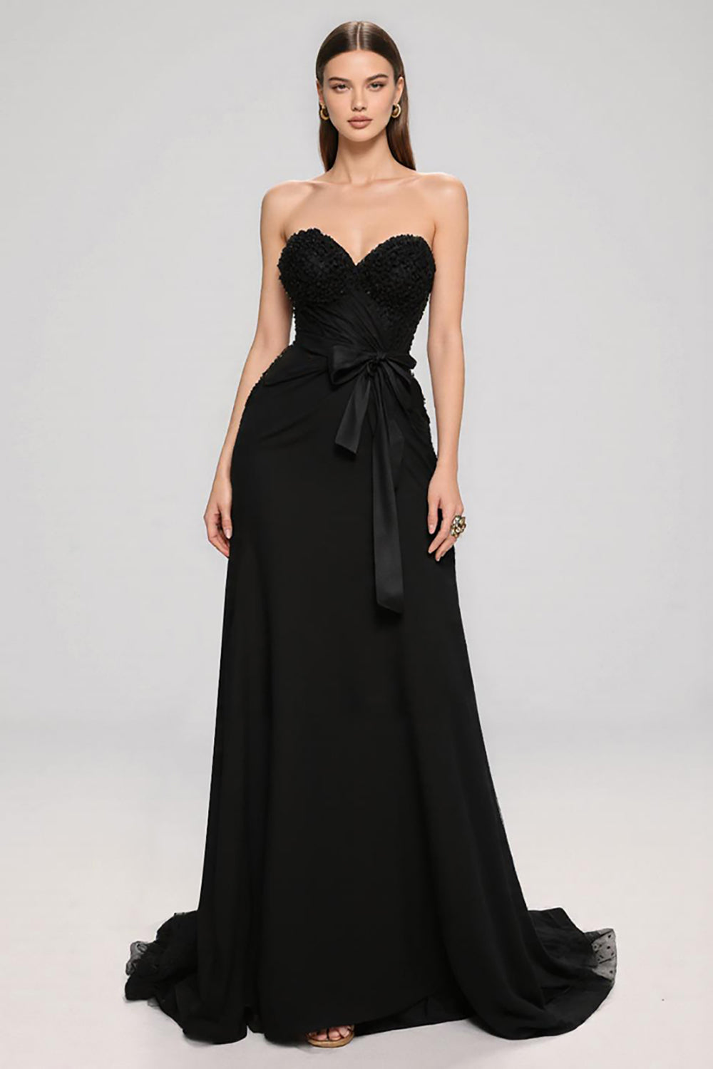 Black Sweetheart A Line Long Black Tie Dress with Bow