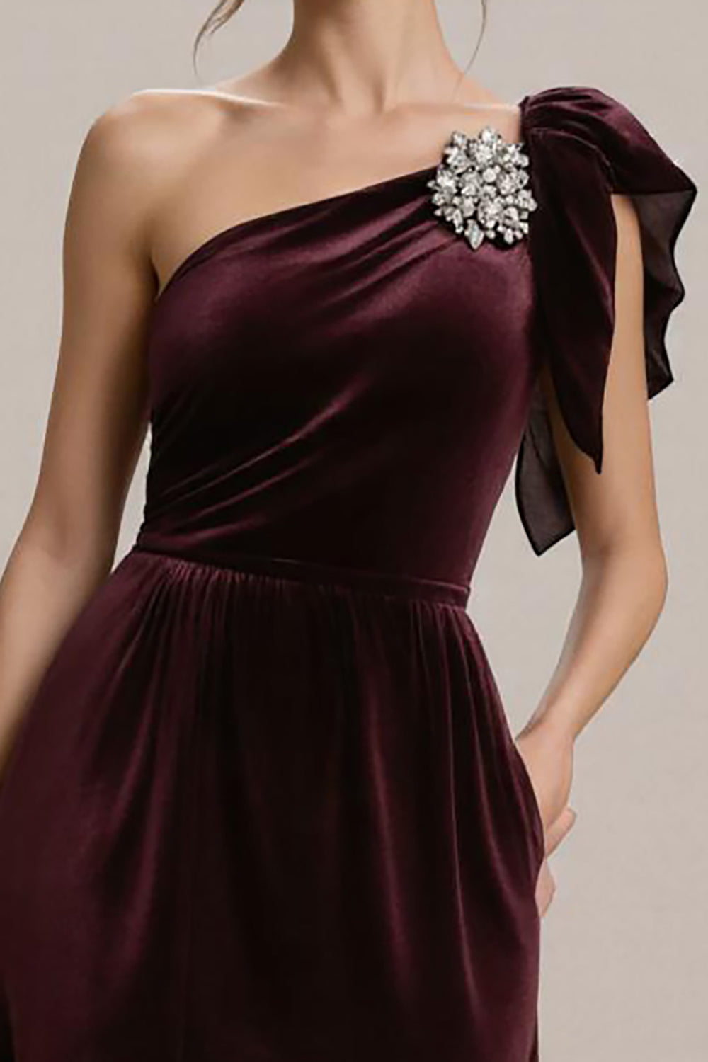 Burgundy One Shoulder A Line Long Black Tie Dress with Ruffles