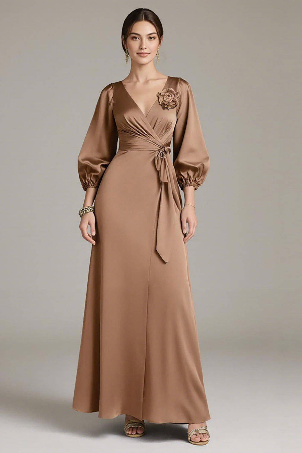 Terracotta Satin V-Neck Floral Long Black Tie Dress with Sleeves