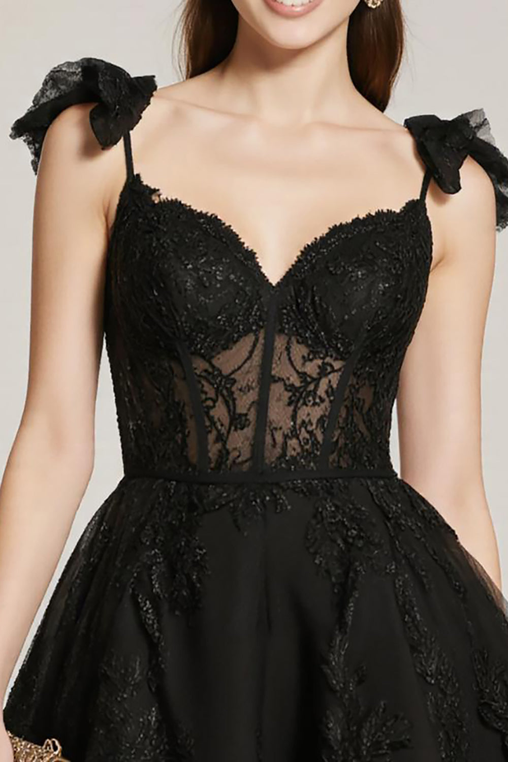 Black Lace A Line Corset Short Cocktail Dress with Bow