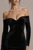 Black Velvet Off The Shoulder Tight Short Cocktail Dress with Sleeves