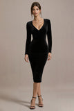 Black Velvet V-Neck Bodycon Midi Cocktail Dress with Sleeves
