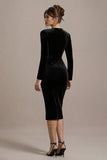 Black Velvet V-Neck Bodycon Midi Cocktail Dress with Sleeves