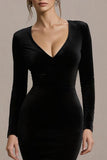 Black Velvet V-Neck Bodycon Midi Cocktail Dress with Sleeves