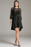 Black Lace A Line Round Neck Short Cocktail Dress with Sleeves