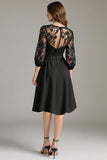 Black Lace A Line Round Neck Short Cocktail Dress with Sleeves