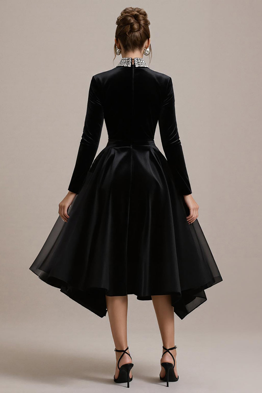 Black Velvet A Line Midi Cocktail Dress with Sleeves