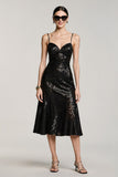 Sparkly Black Sequin A Line Spaghetti Straps Midi Cocktail Dress