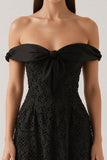 Black Lace A Line Off The Shoulder Short Cocktail Dress with Bow