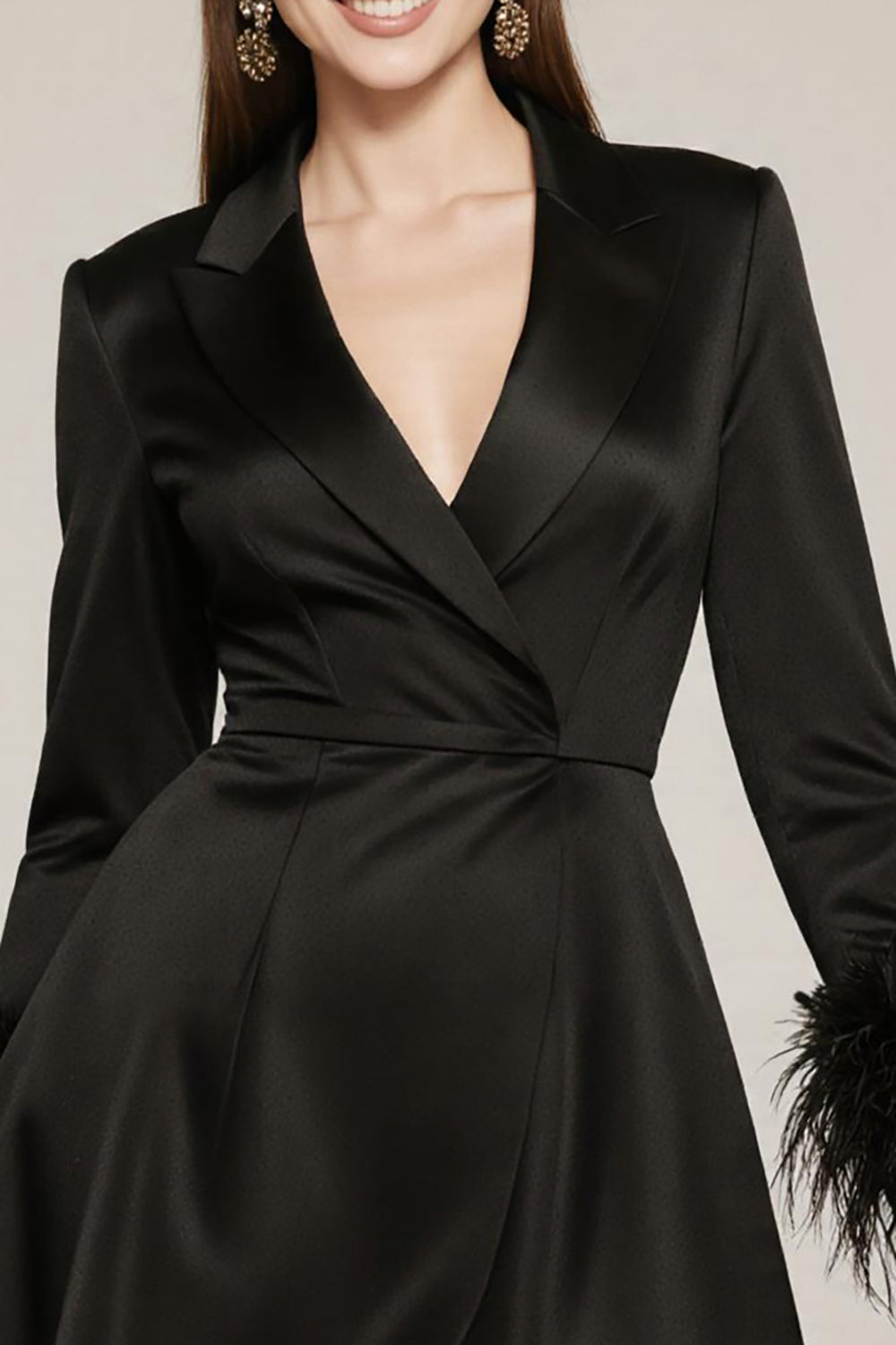 Black Satin Notched Lapel A Line Short Cocktail Dress with Feather