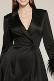 Black Satin Notched Lapel A Line Short Cocktail Dress with Feather
