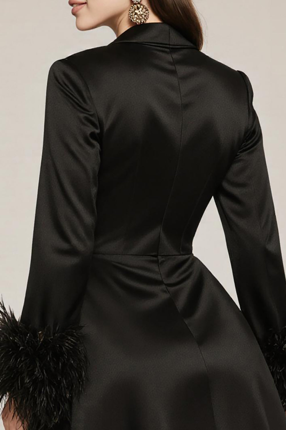 Black Satin Notched Lapel A Line Short Cocktail Dress with Feather