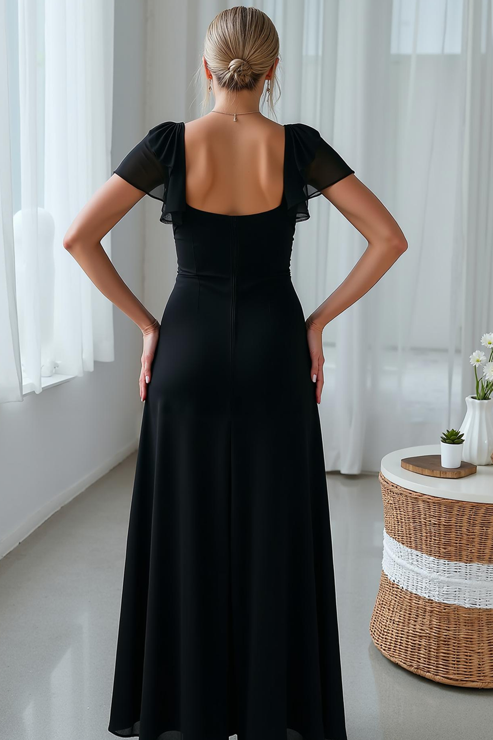 Black A Line Short Sleeve Bridesmaid Dress with Slit