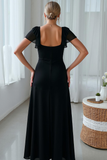 Black A Line Short Sleeve Bridesmaid Dress with Slit