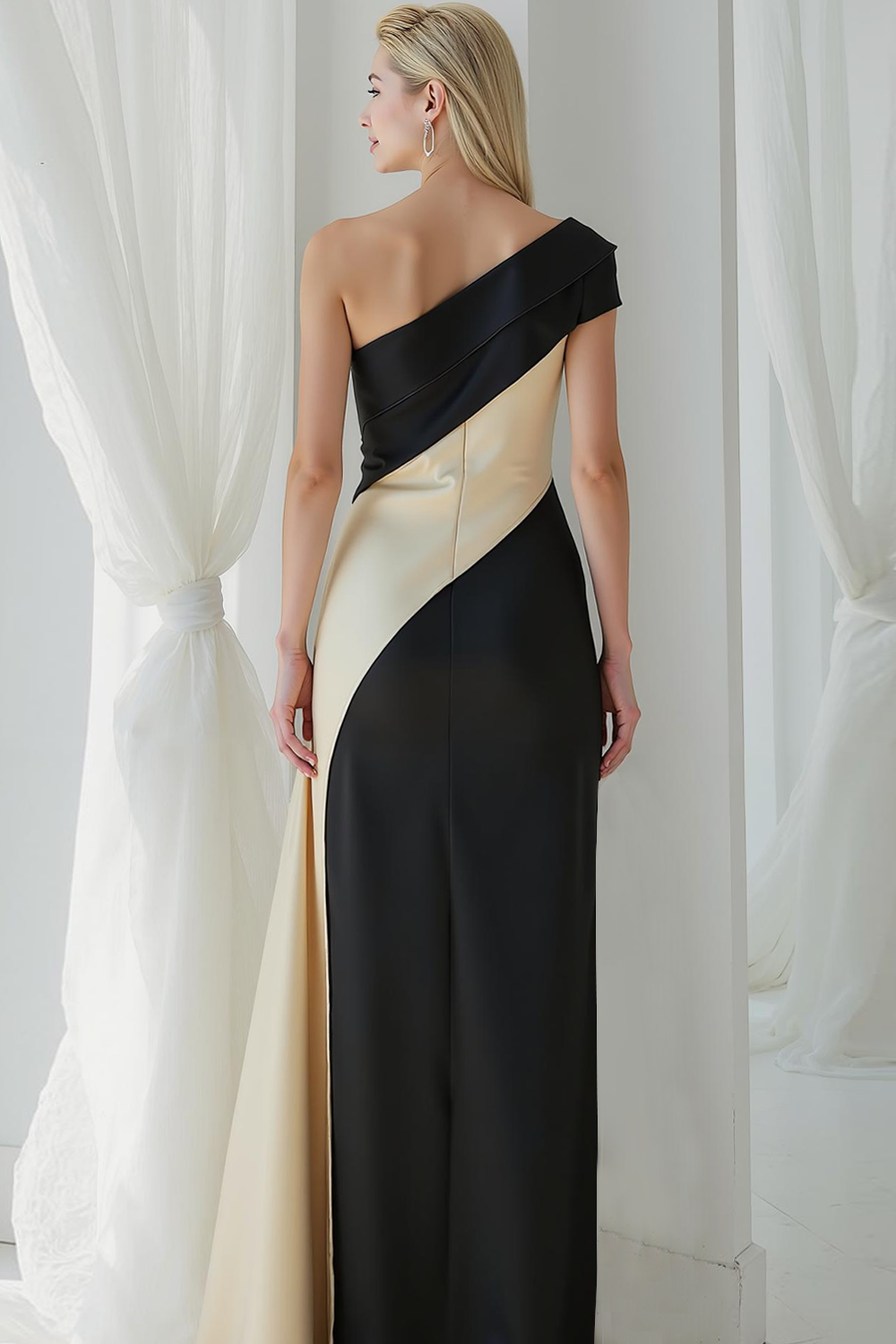 Black and White One Shoulder Satin Sheath Evening Dress