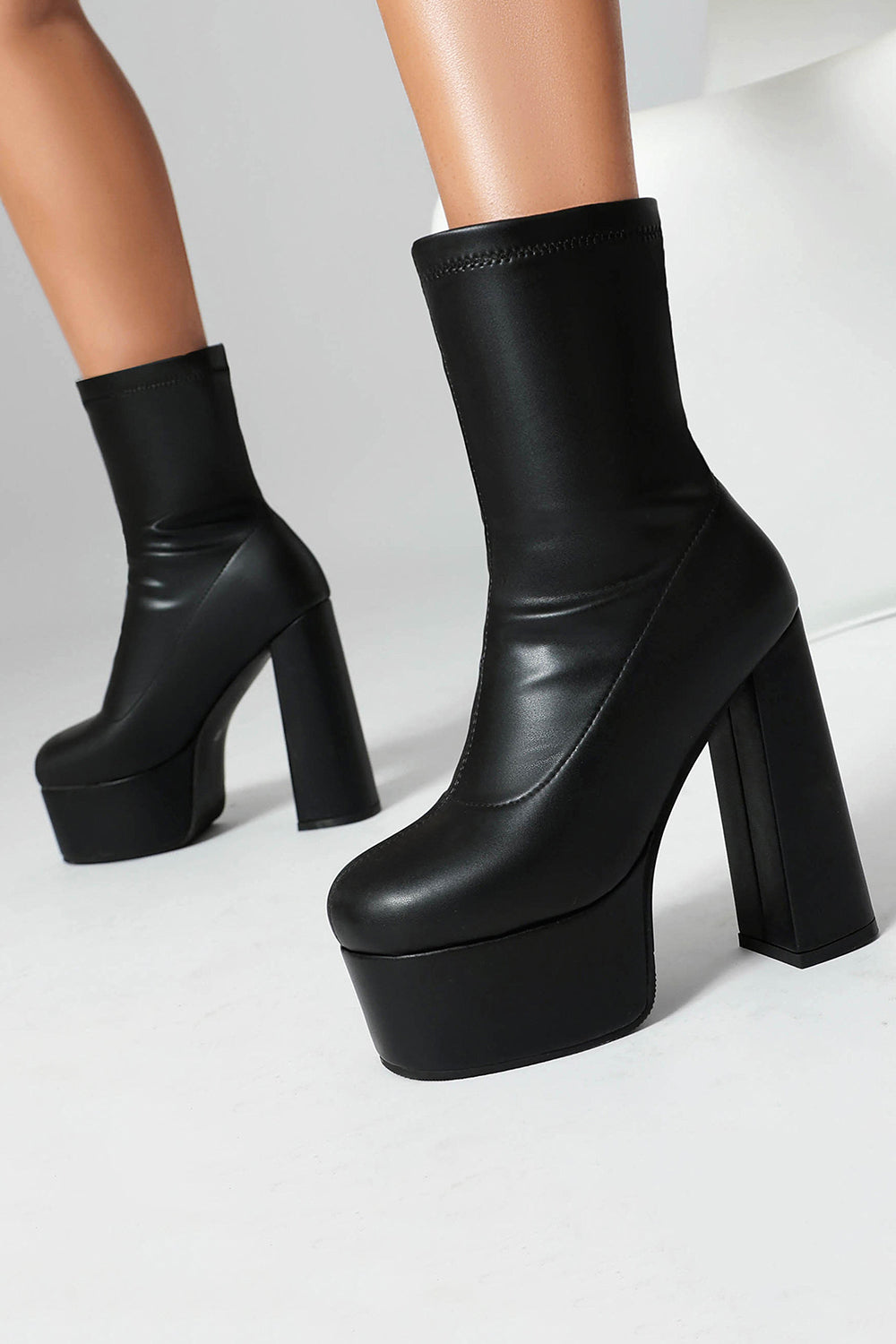 Black Round Toe Platform Chunky Heel Ankle Boots